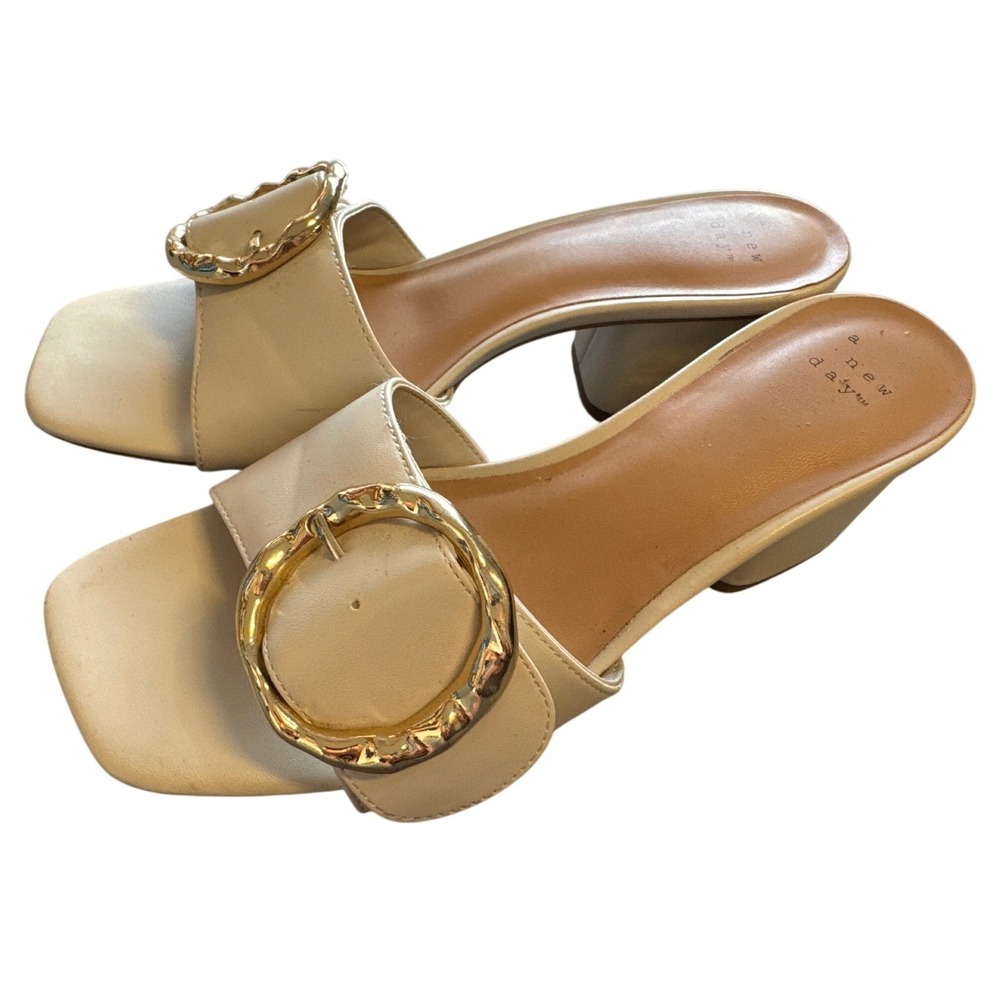 A New Day Cream Square Toe Block Heel Slide Sandals with Gold Buckle Size 8